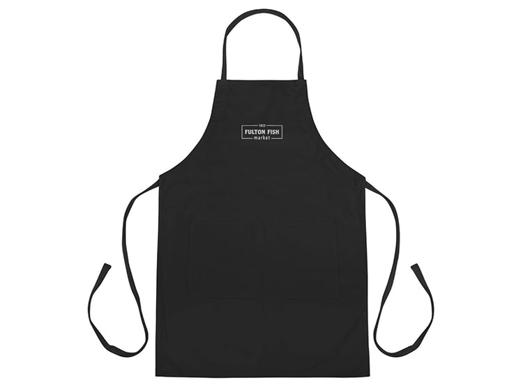 Black apron with a white embroidered Fulton Fish Market Logo