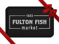 Black Patch with White Fulton Fish Market Embroidered Logo on White Background with Gift Ribbon