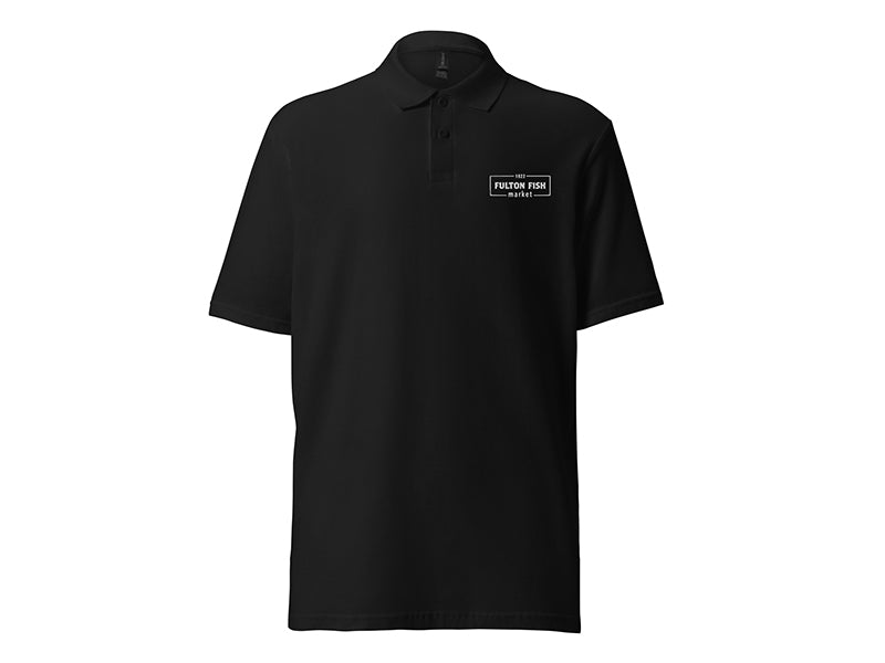 Black Polo Shirt with White Fulton Fish Market Logo on Left Chest on White Background