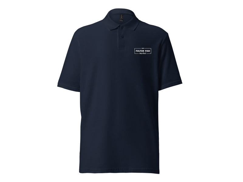 Navy Polo Shirt with White Fulton Fish Market Logo on Left Chest on White Background