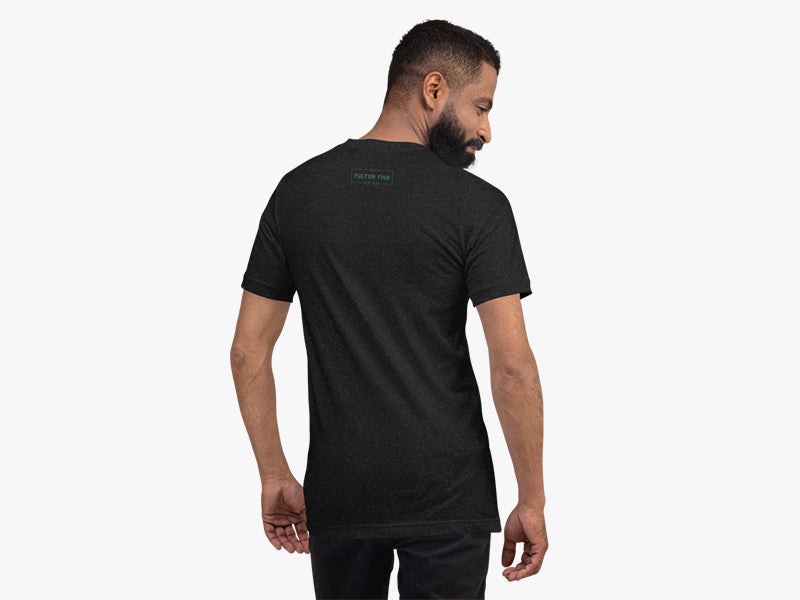 Back of Man Wearing A Fishmas Story T-Shirt in Heather Black