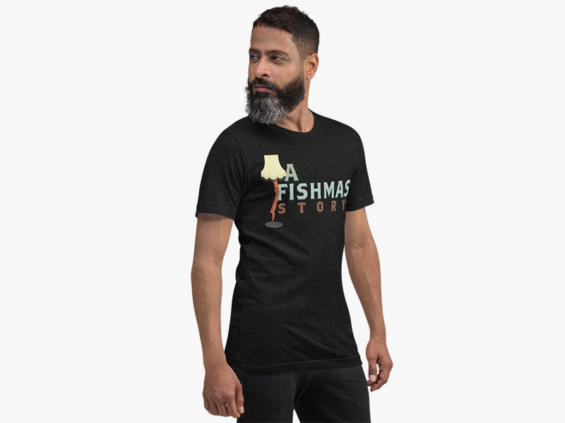 Man Wearing A Fishmas Story T-Shirt in Heather Black