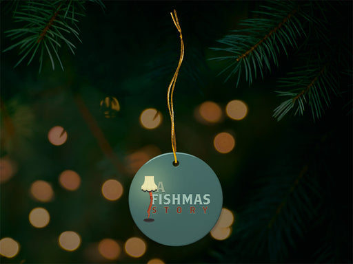 A Fishmas Story Blue Ornament with Christmas Tree Background