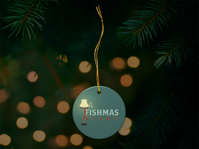 A Fishmas Story Blue Ornament with Christmas Tree Background