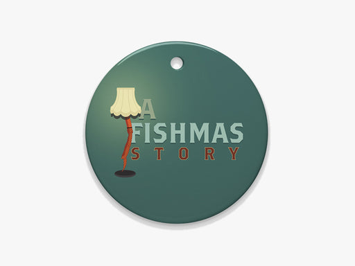 Close Up of A Fishmas Story Blue Ornament on White Background