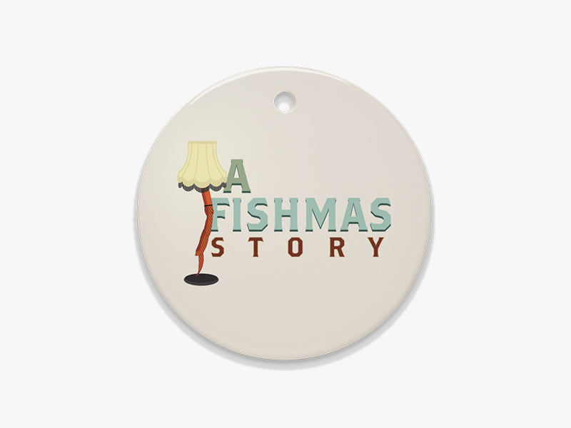 Close Up of A Fishmas Story Beige Ornament on White Background
