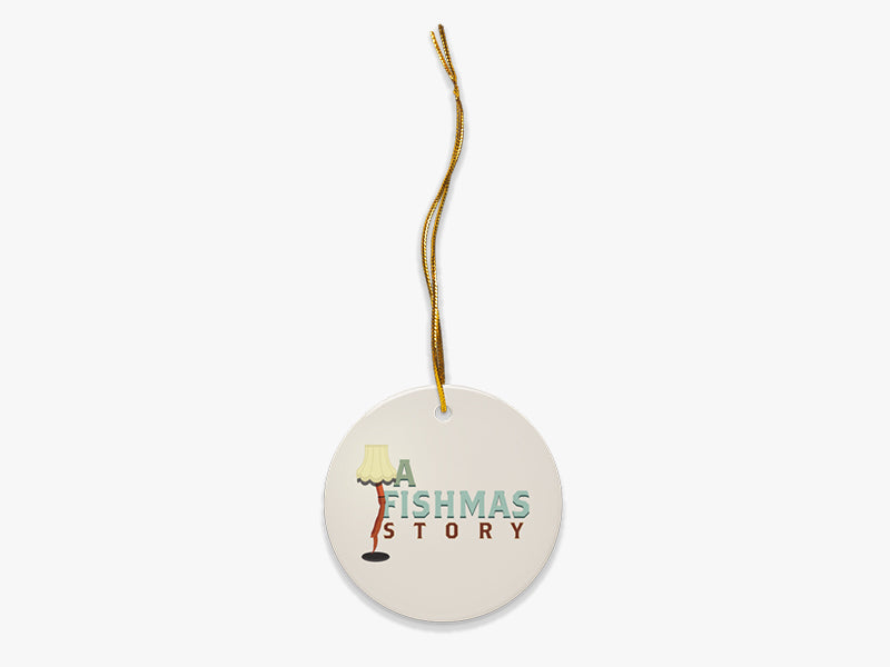 A Fishmas Story Beige Ornament with Gold String on White Background