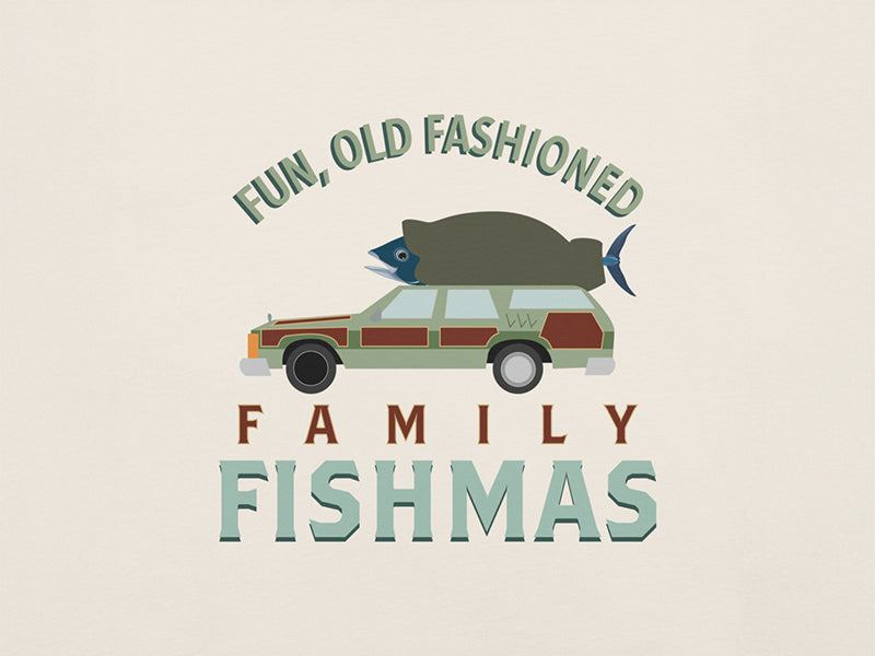 Close Up of Illustration Fun, Old Fashioned Family Fishmas T-Shirt in Vintage White