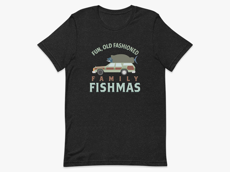 Fun, Old Fashioned Family Fishmas T-Shirt in Heather Black