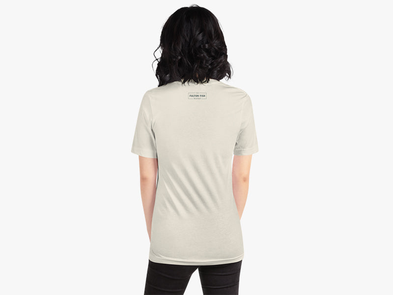 Back of Woman Wearing Fun, Old Fashioned Family Fishmas T-Shirt Vintage White