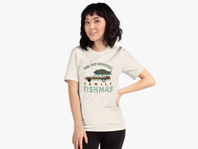 Woman Wearing Fun, Old Fashioned Family Fishmas T-Shirt in Vintage White