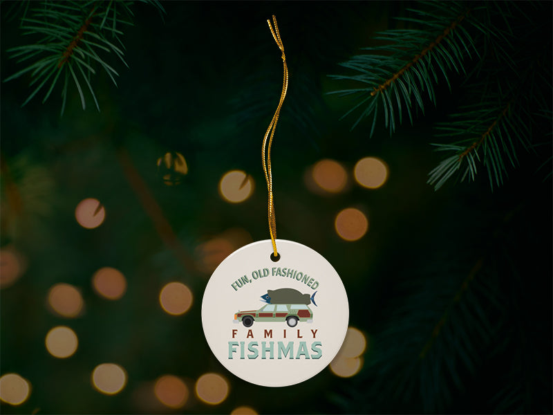 Fun, Old Fashioned Family Fishmas Beige Ornament with Christmas Tree Background