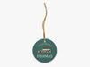 Fun, Old Fashioned Family Fishmas Blue Ornament with Gold String on White Background
