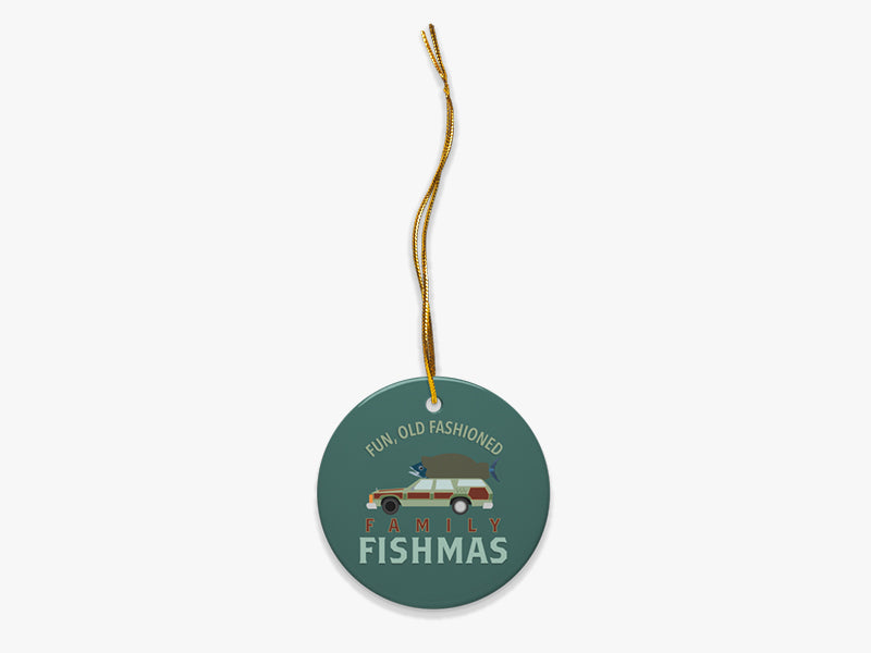 Fun, Old Fashioned Family Fishmas Blue Ornament with Gold String on White Background