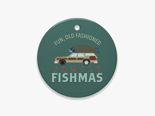 Close Up of Fun, Old Fashioned Family Fishmas Blue Ornament on White Background