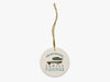 Fun, Old Fashioned Family Fishmas Beige Ornament with Gold String on White Background