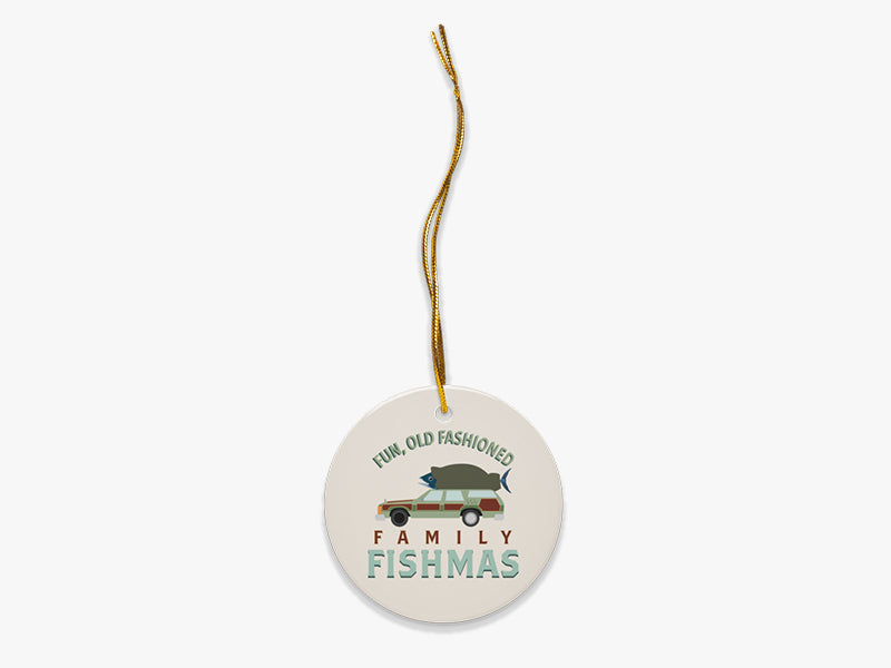 Fun, Old Fashioned Family Fishmas Beige Ornament with Gold String on White Background