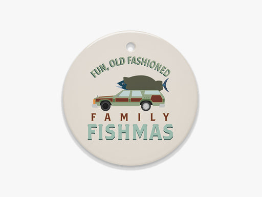 Close Up of Fun, Old Fashioned Family Fishmas Beige Ornament on White Background