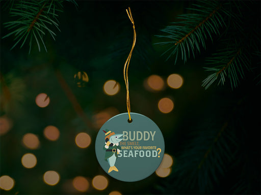 Buddy the Smelt Blue Ornament with Christmas Tree Background