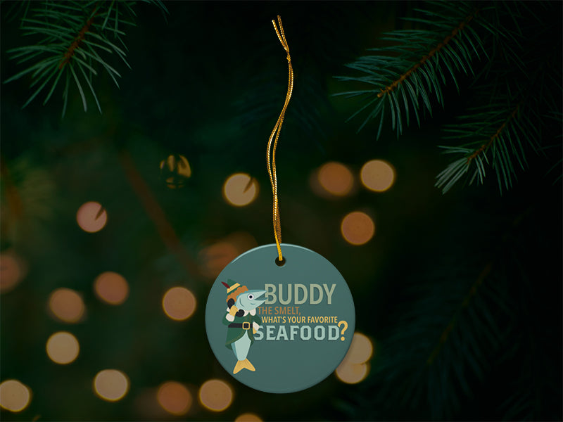 Buddy the Smelt Blue Ornament with Christmas Tree Background