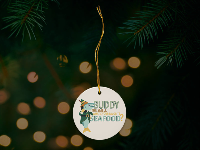 Buddy the Smelt Beige Ornament with Christmas Tree Background