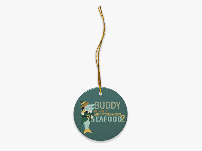 Buddy the Smelt Blue Ornament with Gold String on White Background