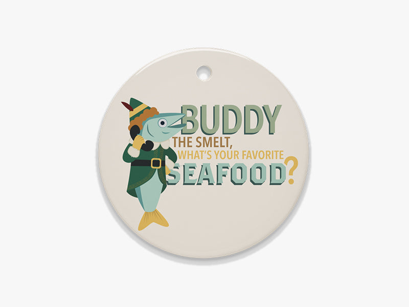 Close Up of Buddy the Smelt Beige Ornament on White Background