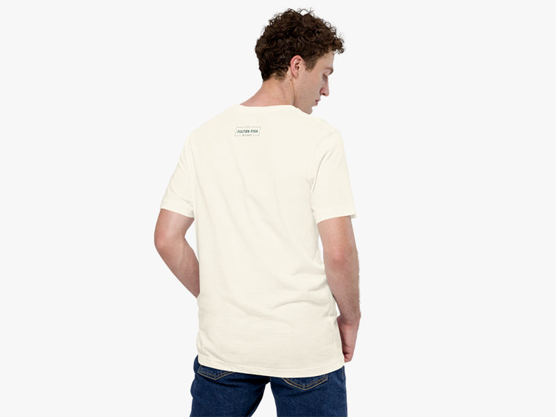 Back of Man Wearing Buddy the Smelt T-Shirt in Vintage White