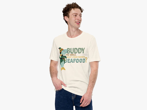 Man Wearing Buddy the Smelt T-Shirt in Vintage White