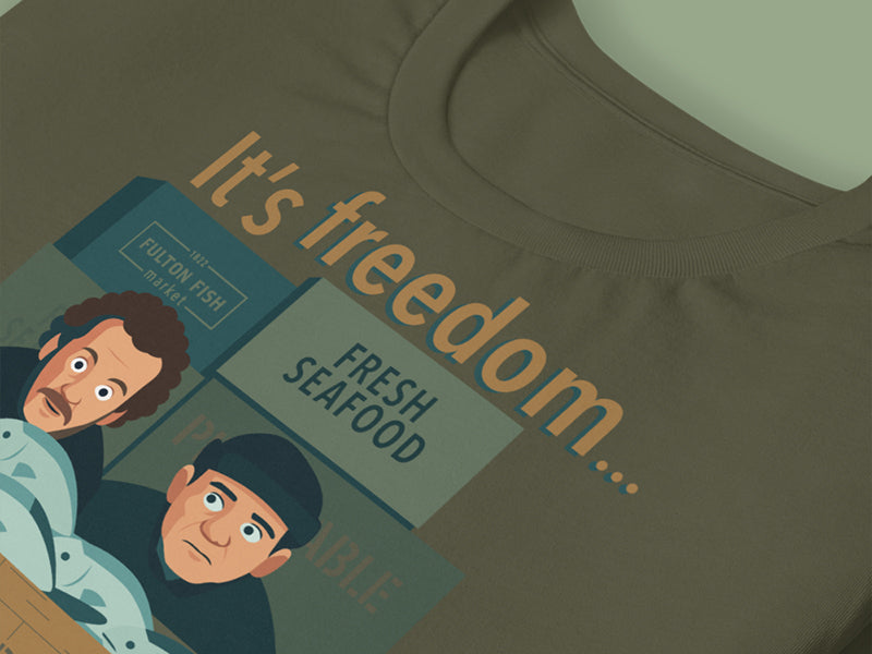 Close Up of Illustration on No, It's Fulton Fish Military Green T-Shirt