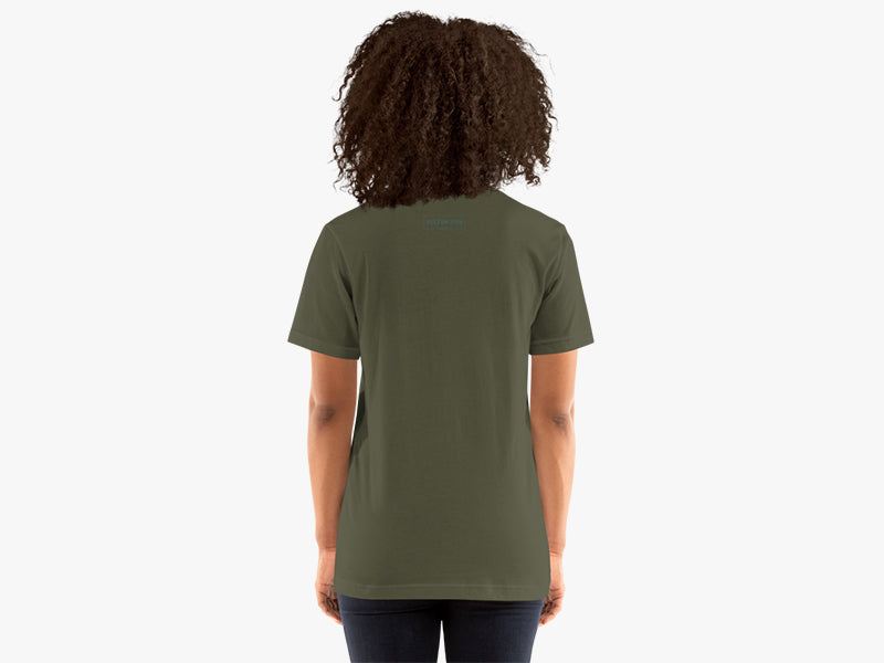 Back view of Woman Wearing No, It's Fulton Fish  T-Shirt in Military Green