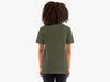Back view of Woman Wearing No, It's Fulton Fish  T-Shirt in Military Green