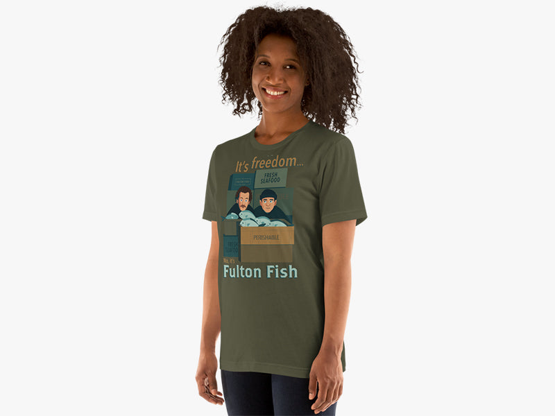 Front View of Woman Wearing No, It's Fulton Fish T-Shirt in Military Green