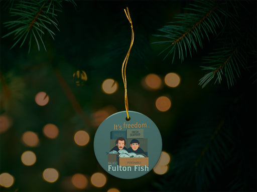 No, It's Fulton Fish Blue Ornament with Christmas Tree Background