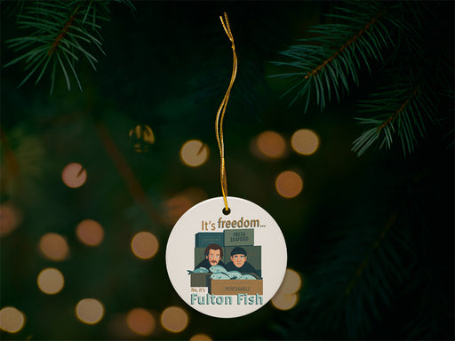 No, It's Fulton Fish Beige Ornament with Christmas Tree Background