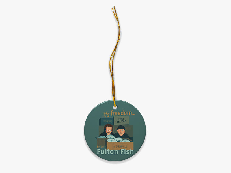 No, It's Fulton Fish Blue Ornament with Gold String on White Background