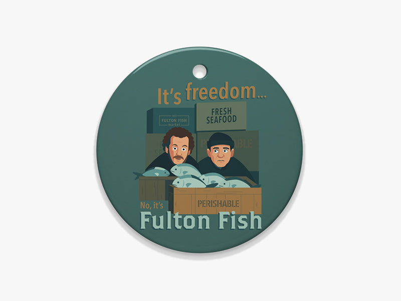 Close Up of  No, It's Fulton Fish Blue Ornament on White Background