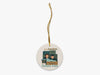 No, It's Fulton Fish Beige Ornament with Gold String on White Background