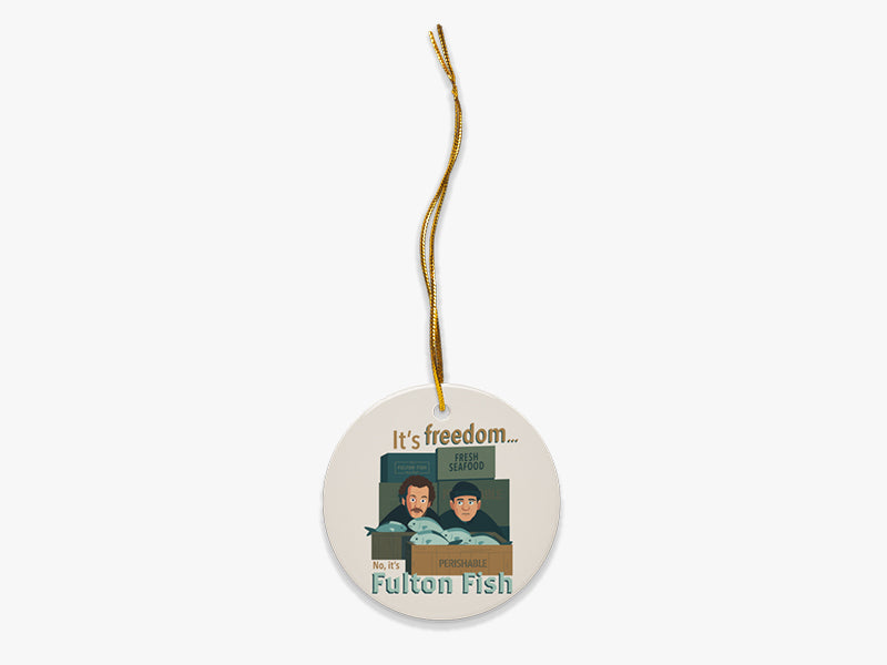 No, It's Fulton Fish Beige Ornament with Gold String on White Background