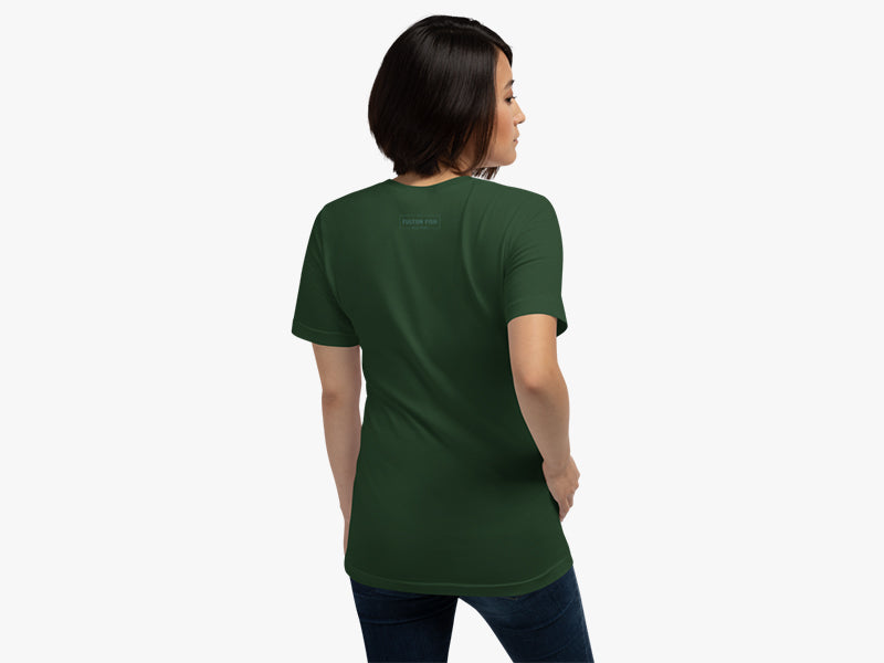 Back of Woman Wearing Mr. Pinch T-Shirt in Forest