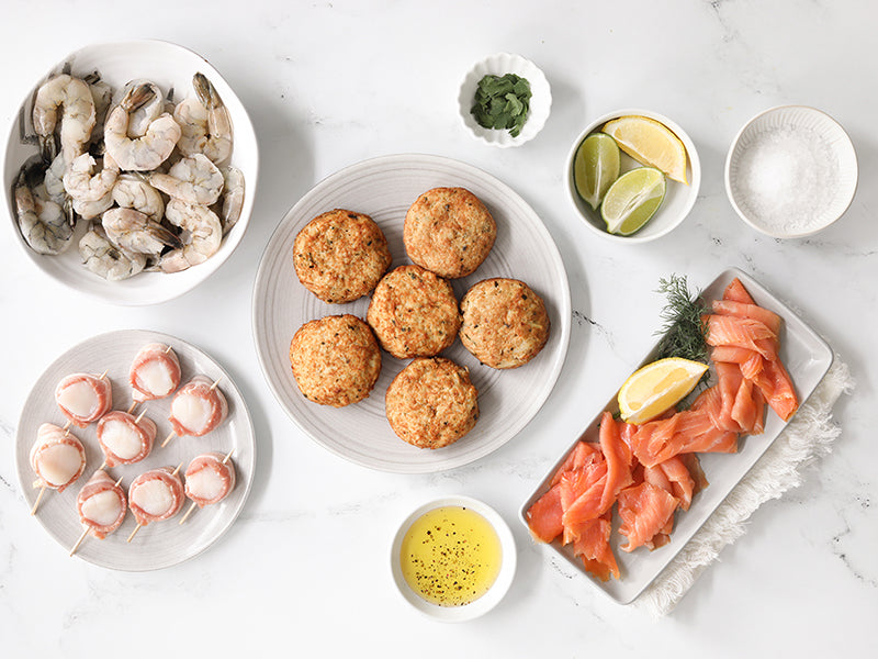 Easy Appetizer Bundle of Smoked Salmon, Crab Cakes, Bacon-Wrapped Scallops, and Shrimp
