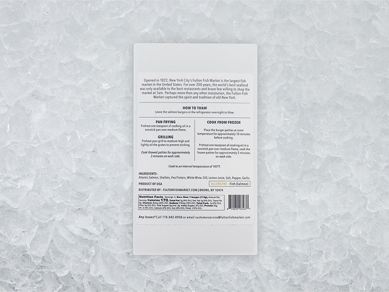 Back of Signature Salmon Burgers Box on Ice