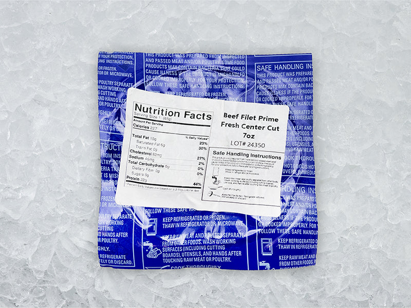 Pat LaFrieda Prime Filet Mignon Back of Package on Ice