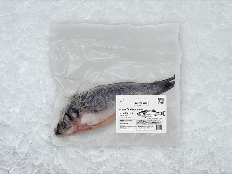 Butterflied Branzino Front of Package on Ice