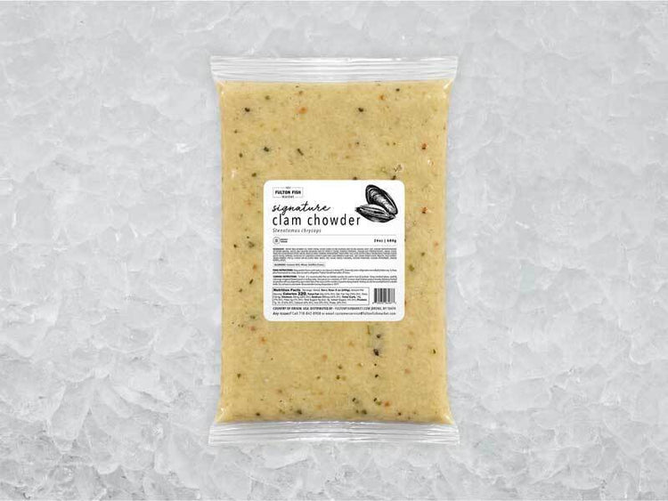 Clam chowder front of package on ice