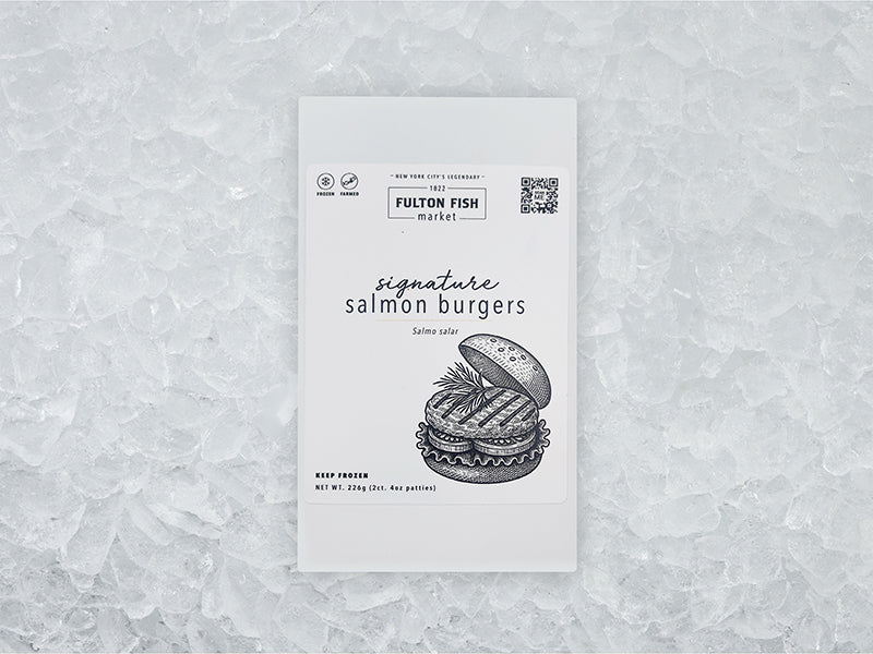Front of Signature Salmon Burgers Box on Ice