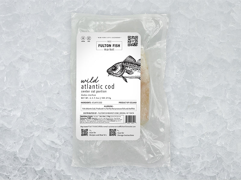 Wild Atlantic Cod Portion Front of Package on Ice