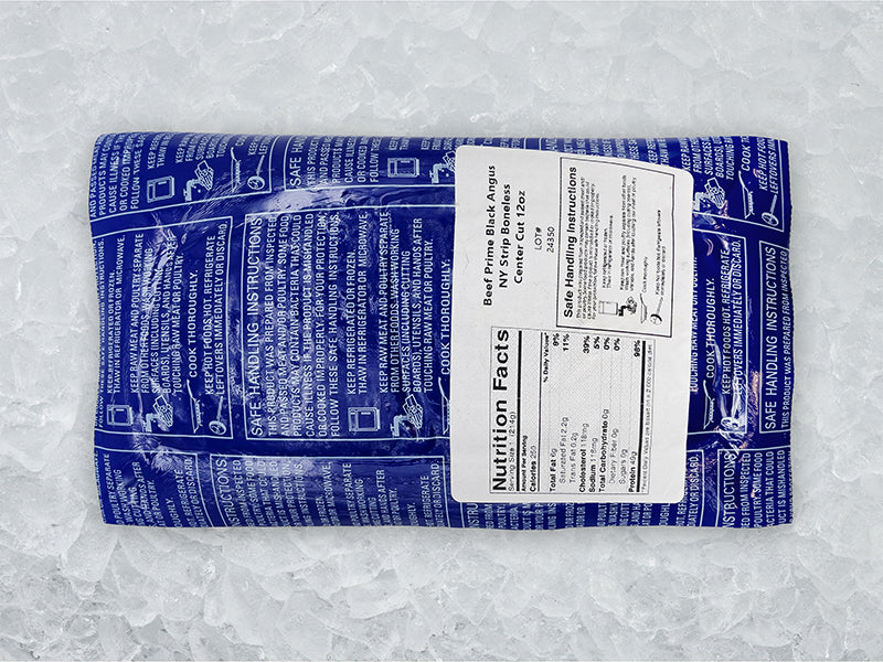 Pat LaFrieda Prime Boneless New York Strip Back of Package on Ice