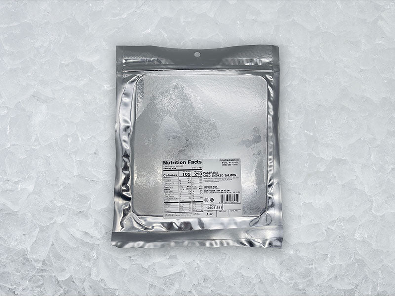 Pastrami Smoked Salmon Back of Package on Ice