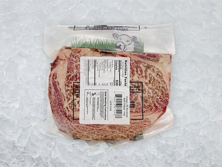 Japanese A5 Wagyu Ribeye back of package on ice
